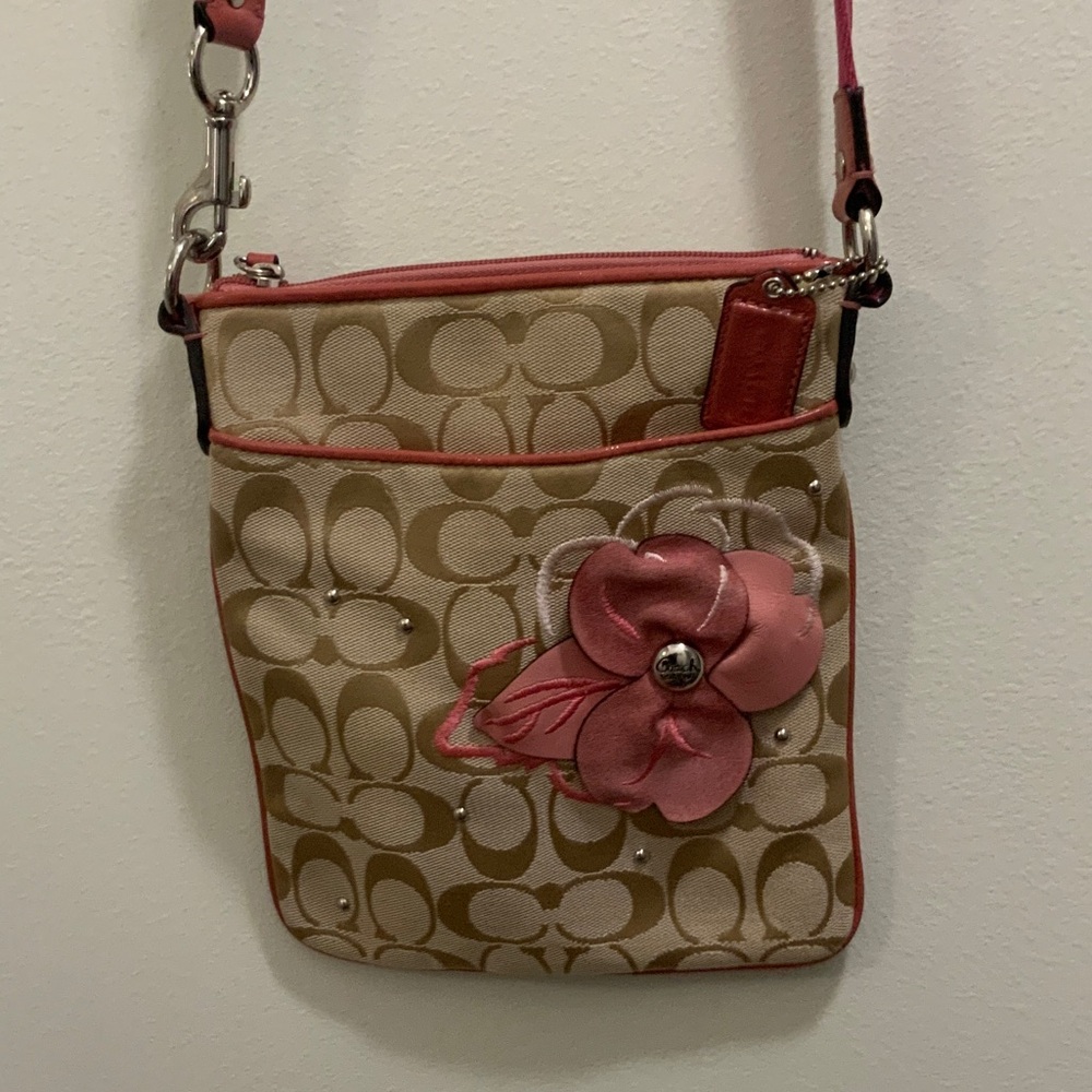 Coach Tan/Pink Signature Jacquard Pattern/Leather Trim Crossbody Bag w/Flower